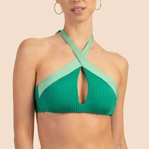 Trina Turk 'Olympia' Ribbed Crossover High-Neck Bikini Swimsuit Top, Virdis